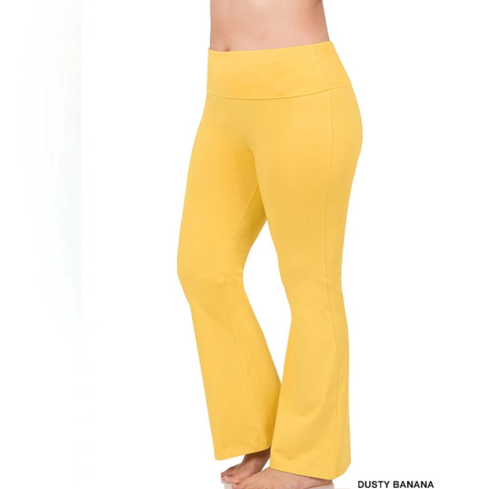 ZENANA PLUS PREMIUM COTTON FOLD OVER YOGA FLARE PANTS DUSTY BANANA S-M-L-…